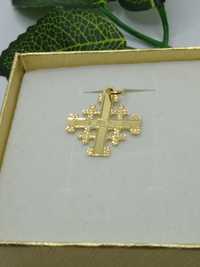 Złoty wisiorek krzyżyk Jerozolimski, złoto 585