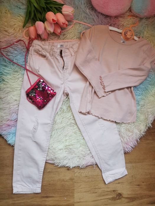 Komplet pudrowy róż :) spodnie przetarcia +bluzka 110