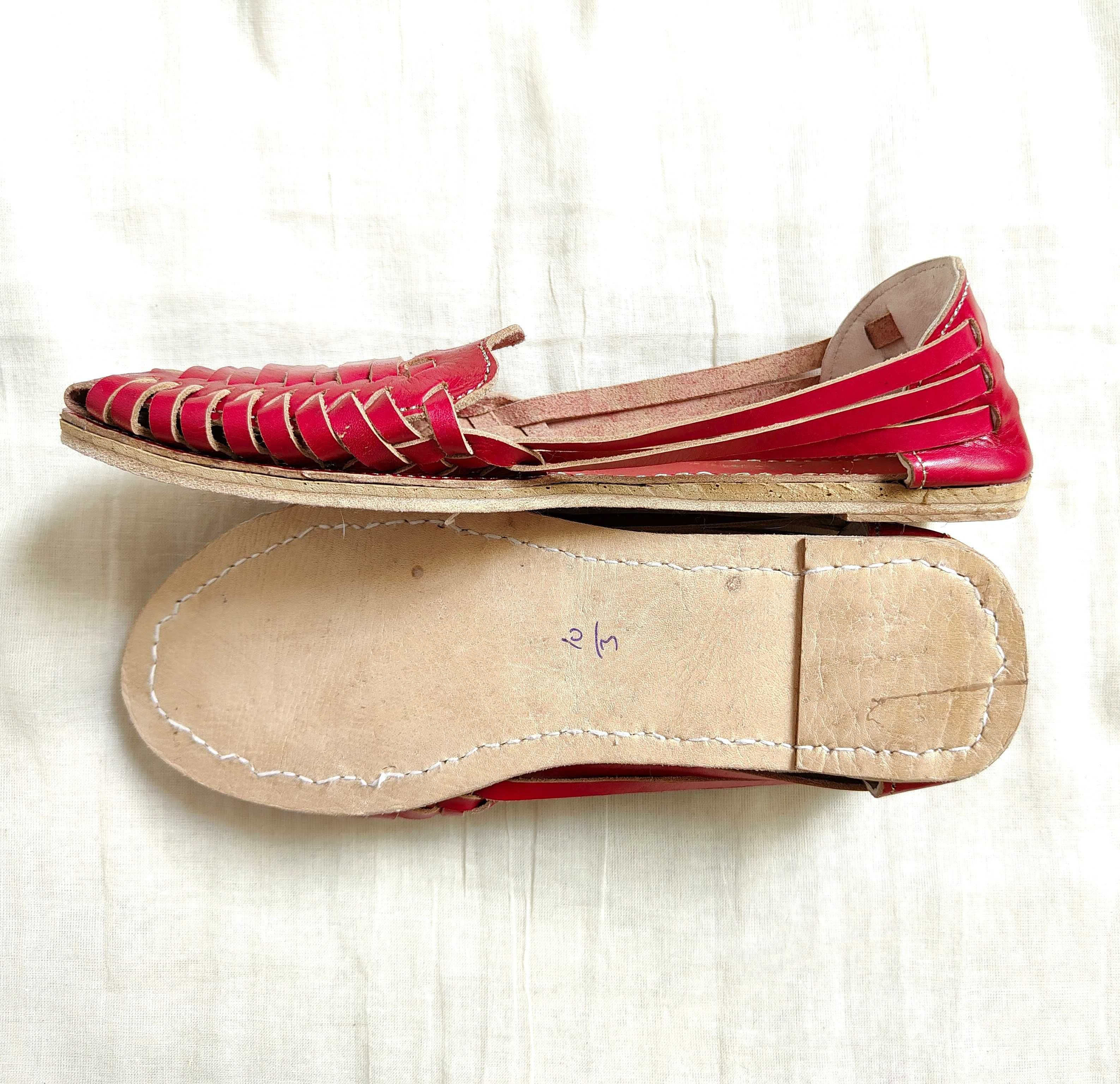 Czerwone skórzane buty sandały retro paski 40 skóra boho bohemian