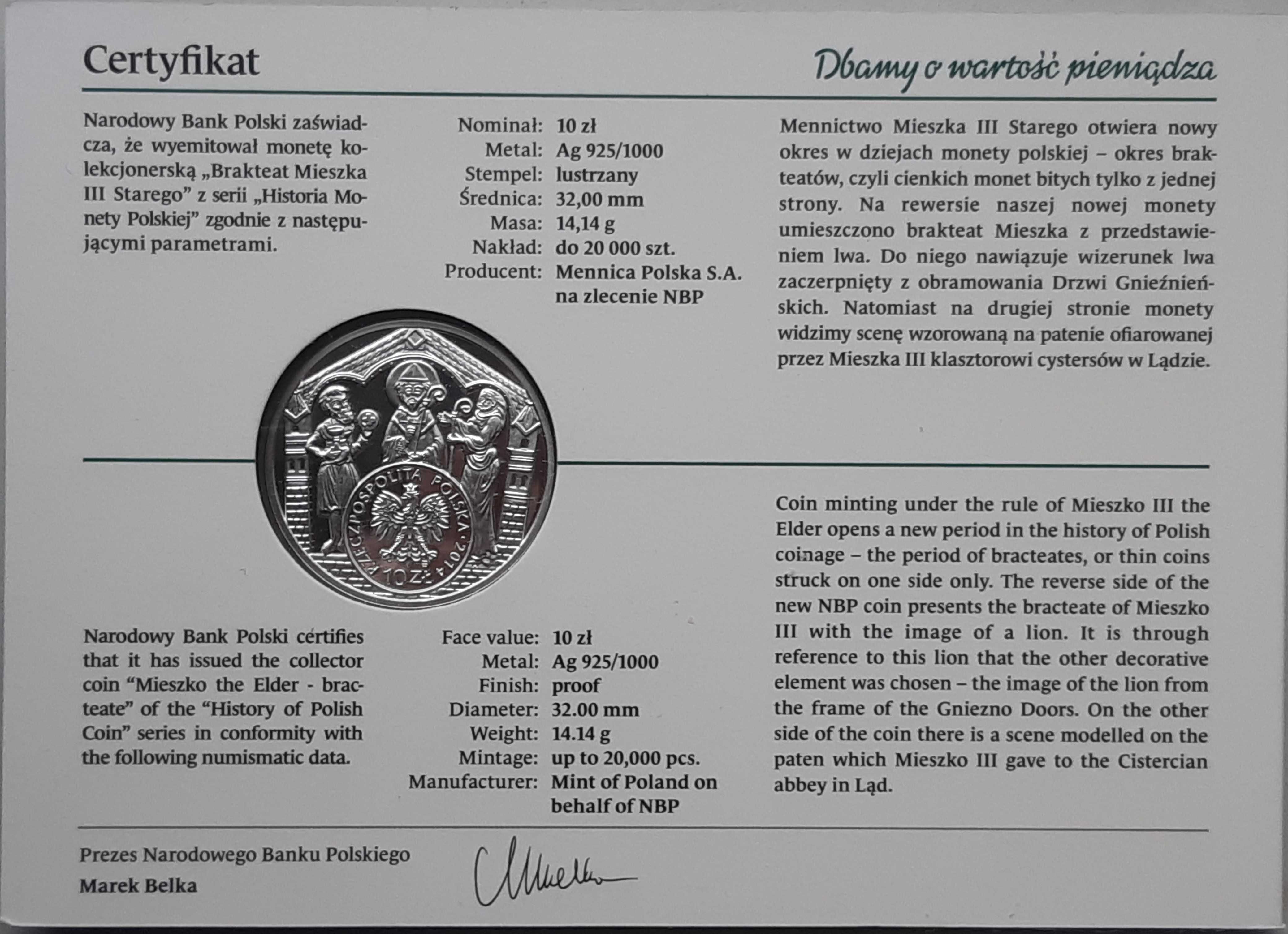 Moneta 10 zł 2014 Brakteat Mieszka III Starego lustrzanka srebro