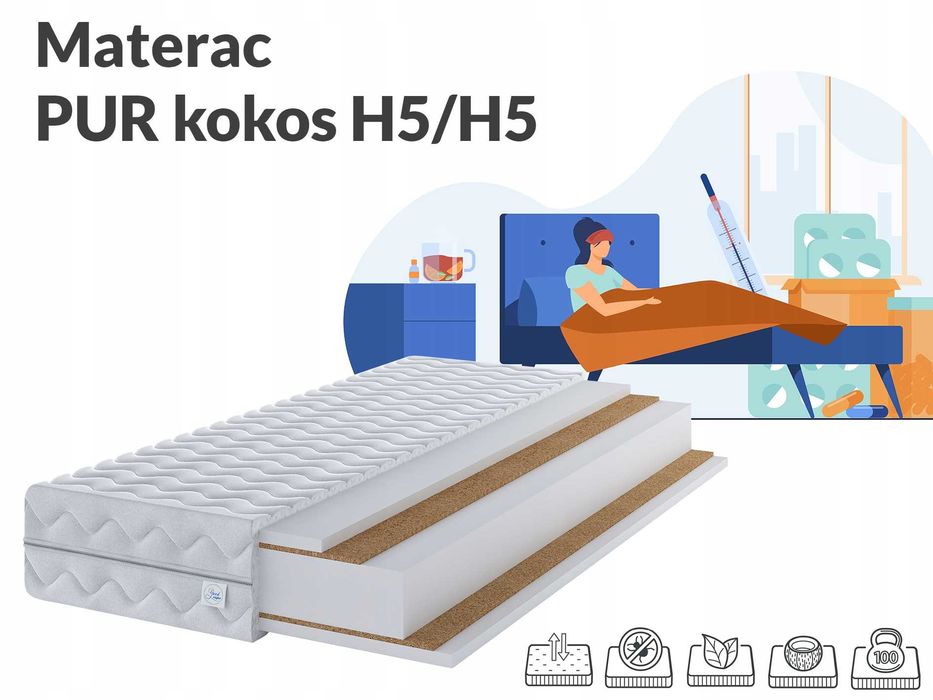Materac Pur kokos dwustronny 180X200cm wysoki h5/h5