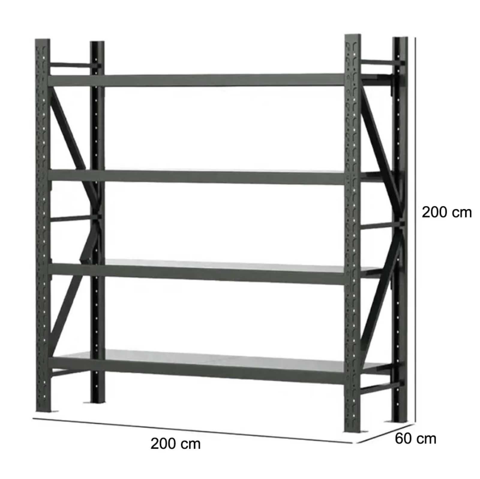Czarne regały 200x60x200cm o dużej wytrzymałości, 4 półki