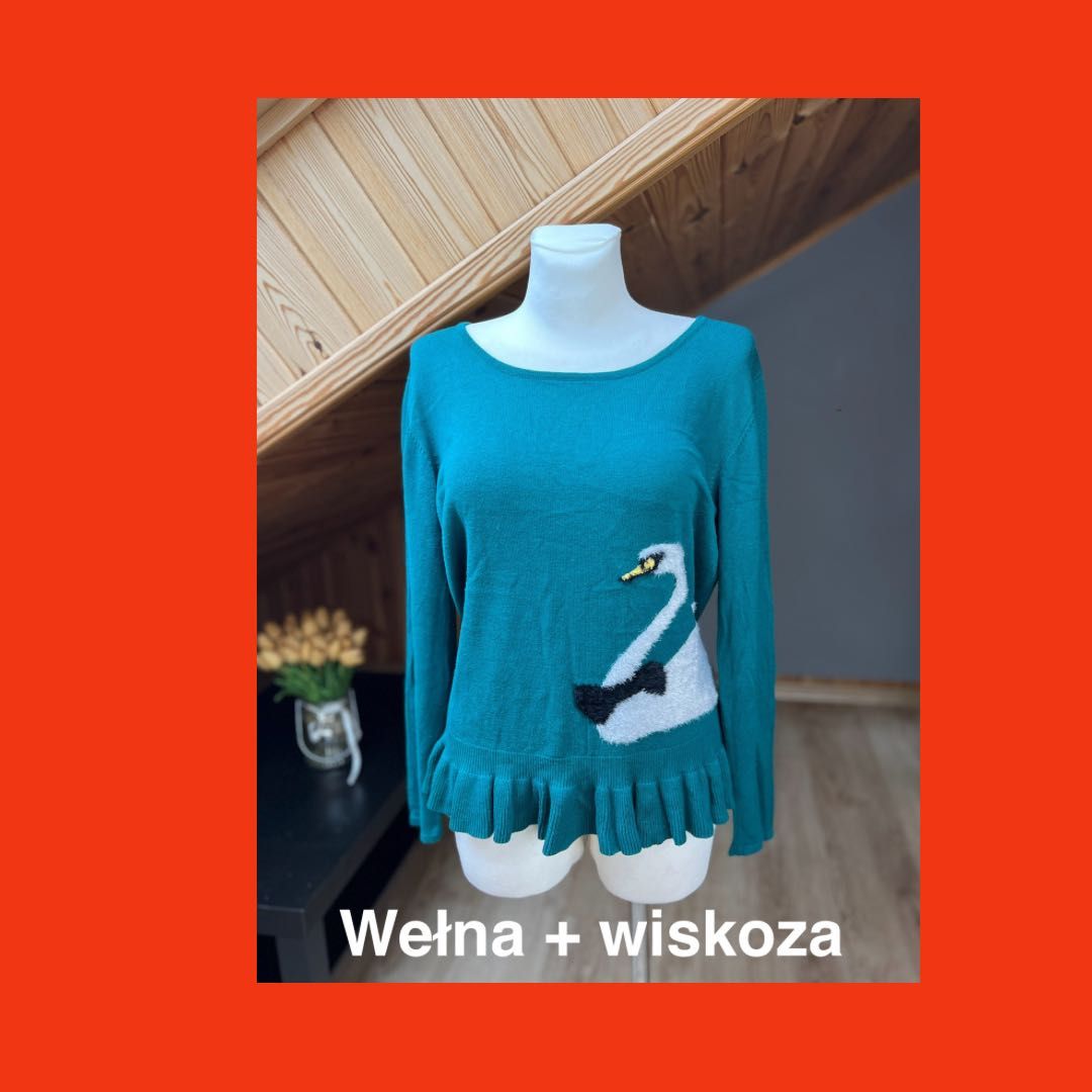 sweter real vintage łabędź zielony morski falbanka wiskoza wełna 42 XL