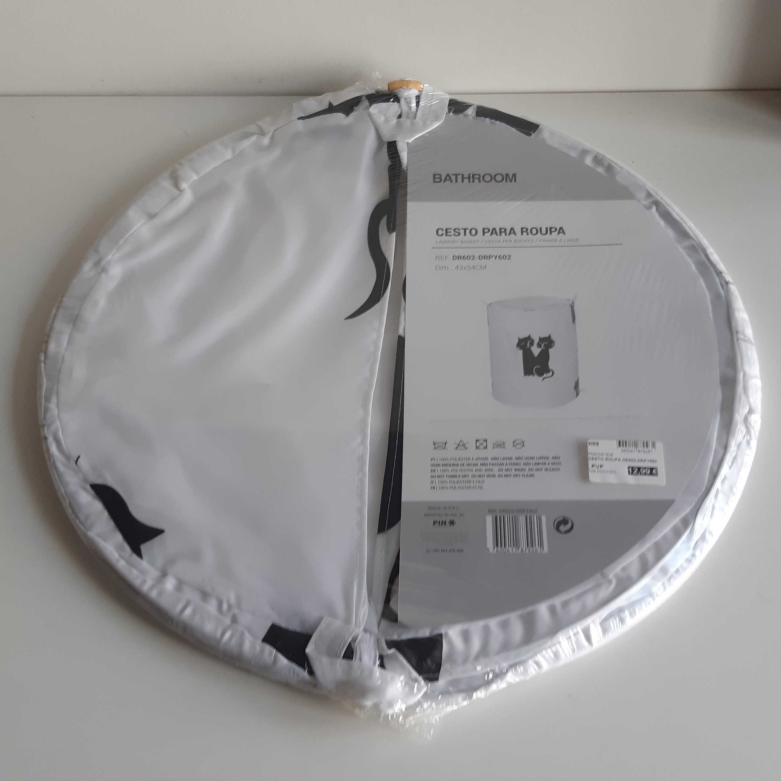 Cesto p/ Roupa Cilíndrico Novo 43x54cm Branco Gatos Pretos