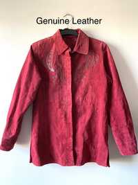 Czerwona skórzana kurtka prosta vintage wyszywana aplikacja