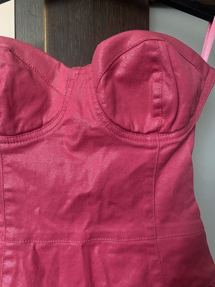 Sukienka mini różowa baskinka suwak jeans błyszcząca