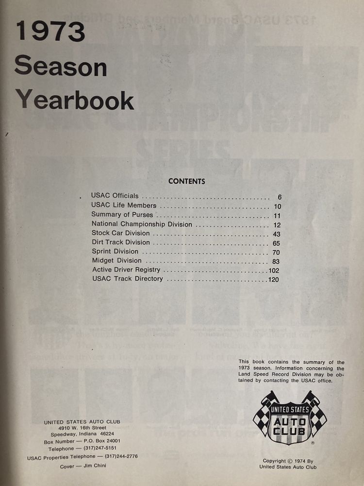 1973 USAC Season Yearbook / Ежегодник / Индикар