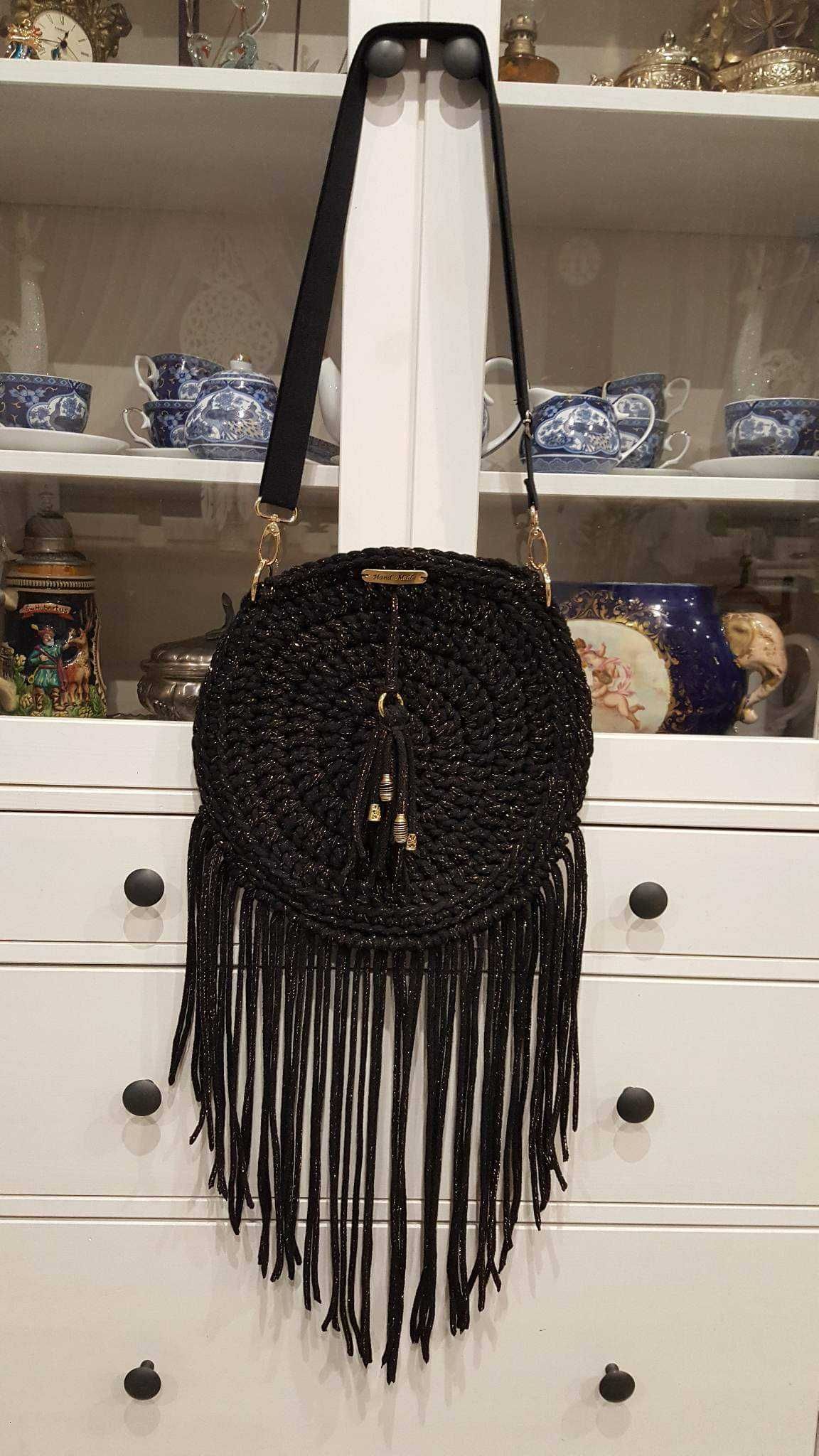 Torebka boho szydełko handmade okrągła frędzle