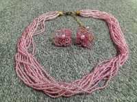 Komplet biżuterii_różowy naszyjnik+kolczyki kwiaty