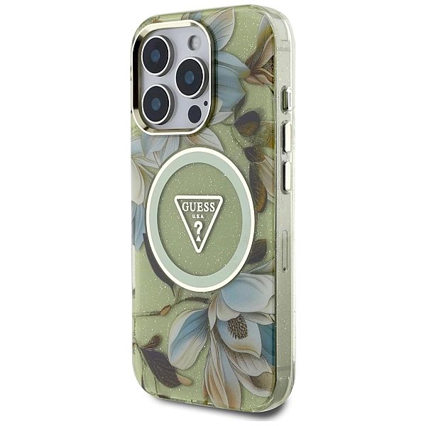 Etui Guess Glitter Flowers Triangle Buttons MagSafe do iPhone 16 Pro M