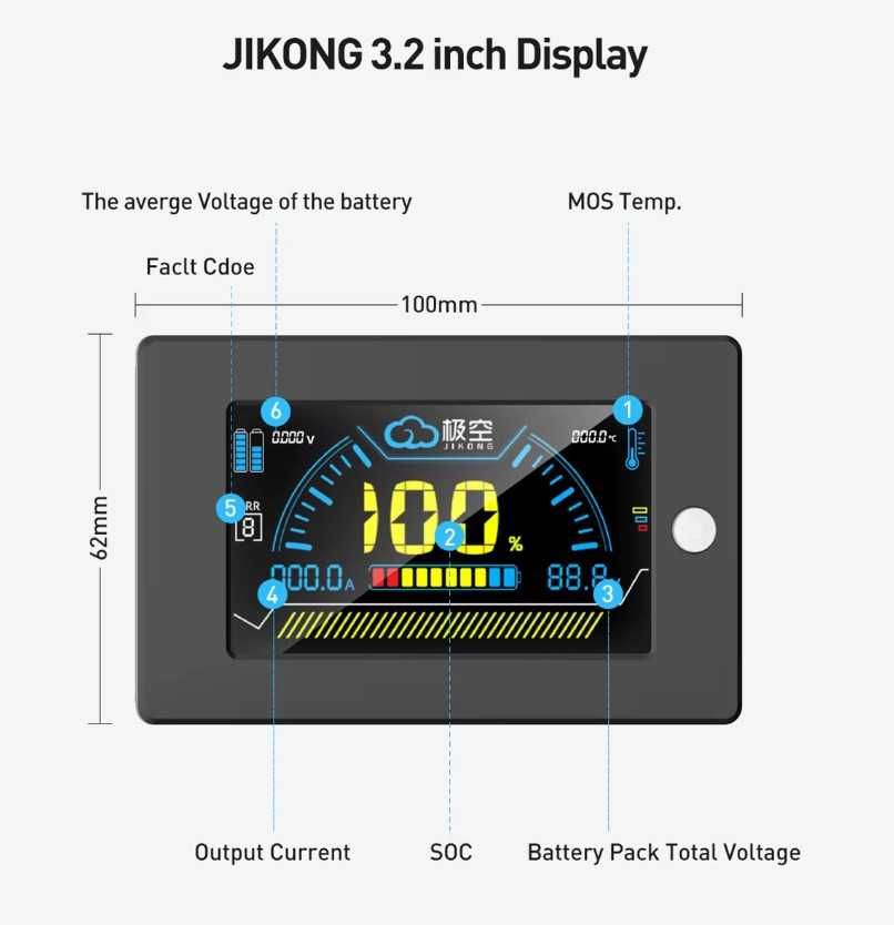 JK BMS LCD 3.2 екран дисплей JiKong врізний з кнопкою активації
