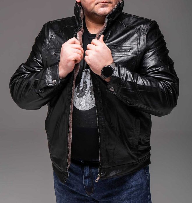 Куртка чоловіча зимова шкіряна на хутрі батал