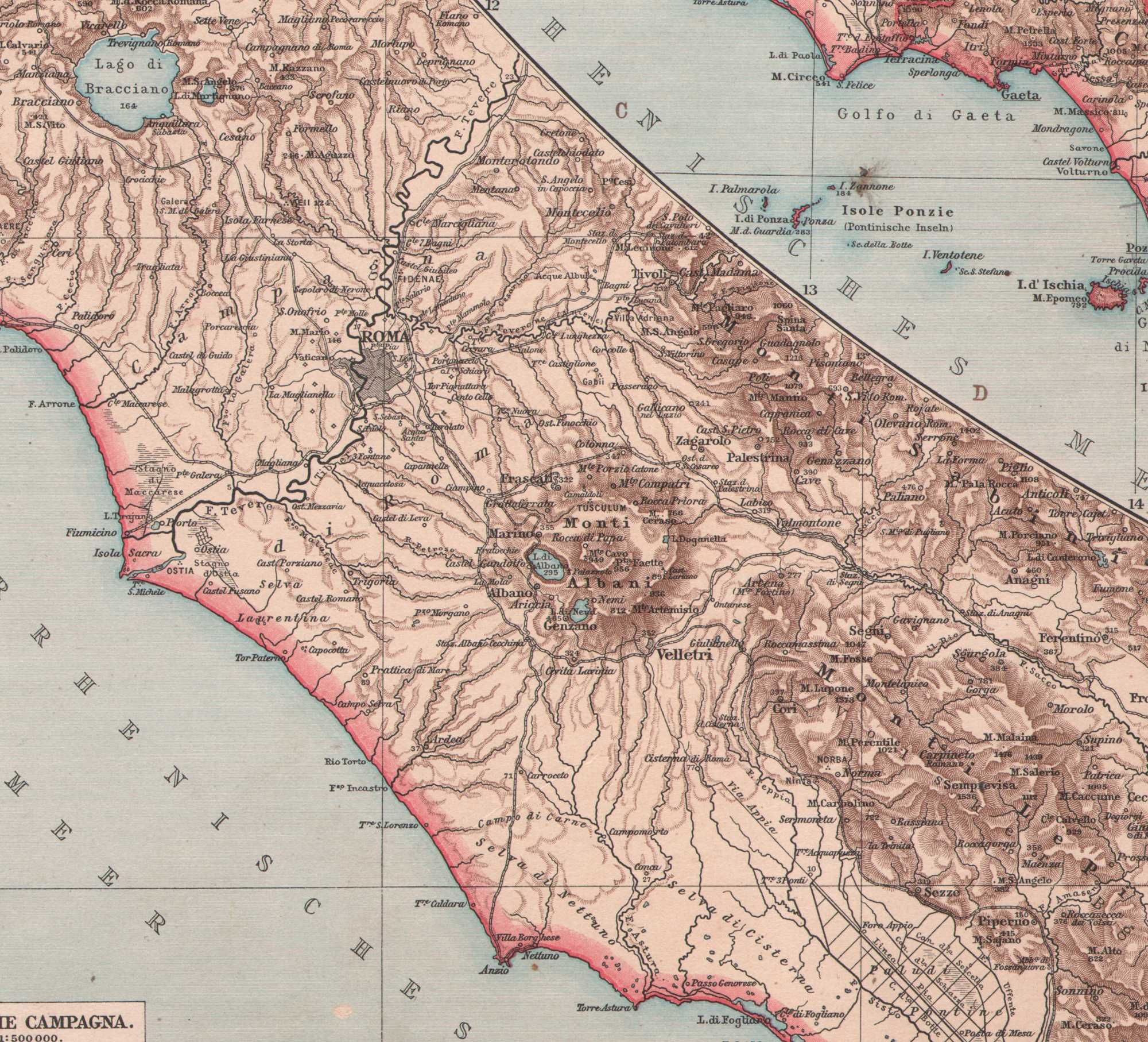 Italia środkowa Włochy Rzym. Efektowna mapa 1893 r. Autentyk