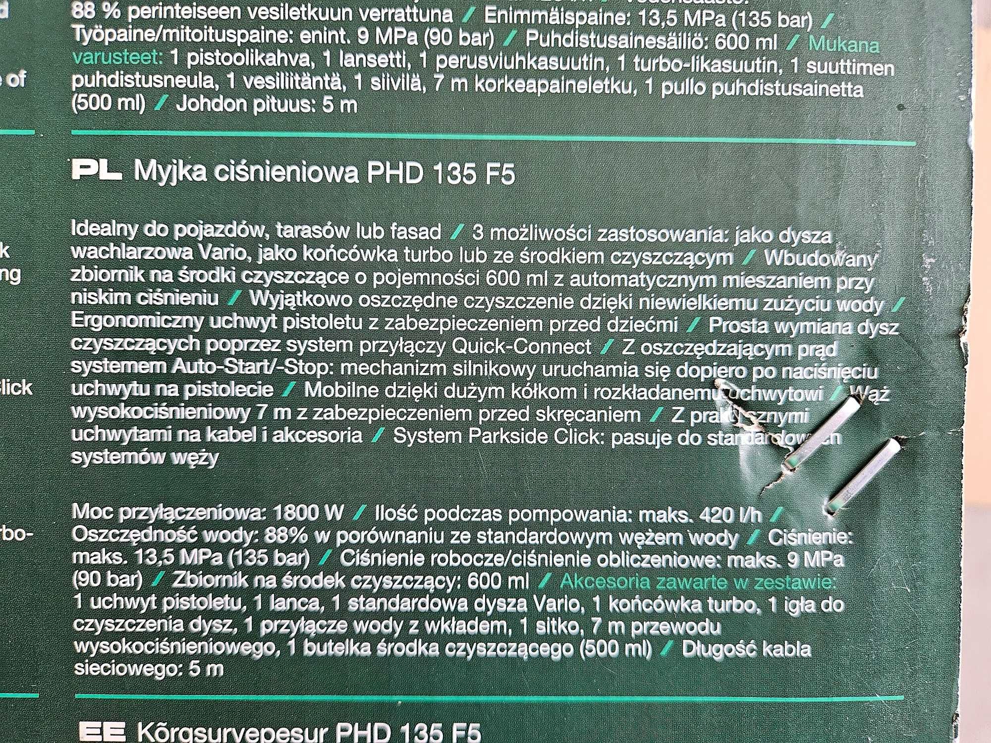 Parkside myjka ciśnieniowa 1800W PHD 135 F5