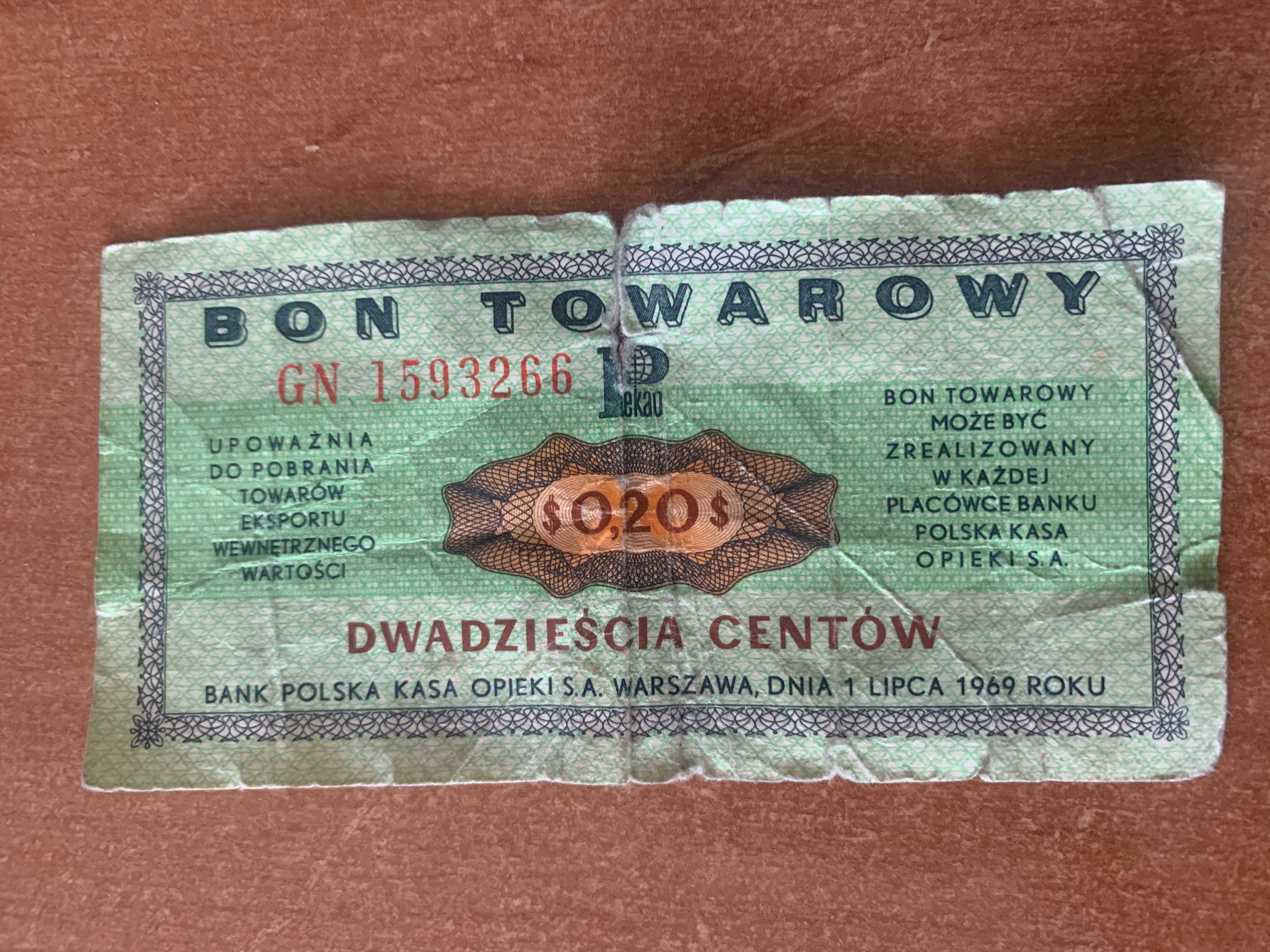 Bon towarowy Pekao 20 centów 1969 rok