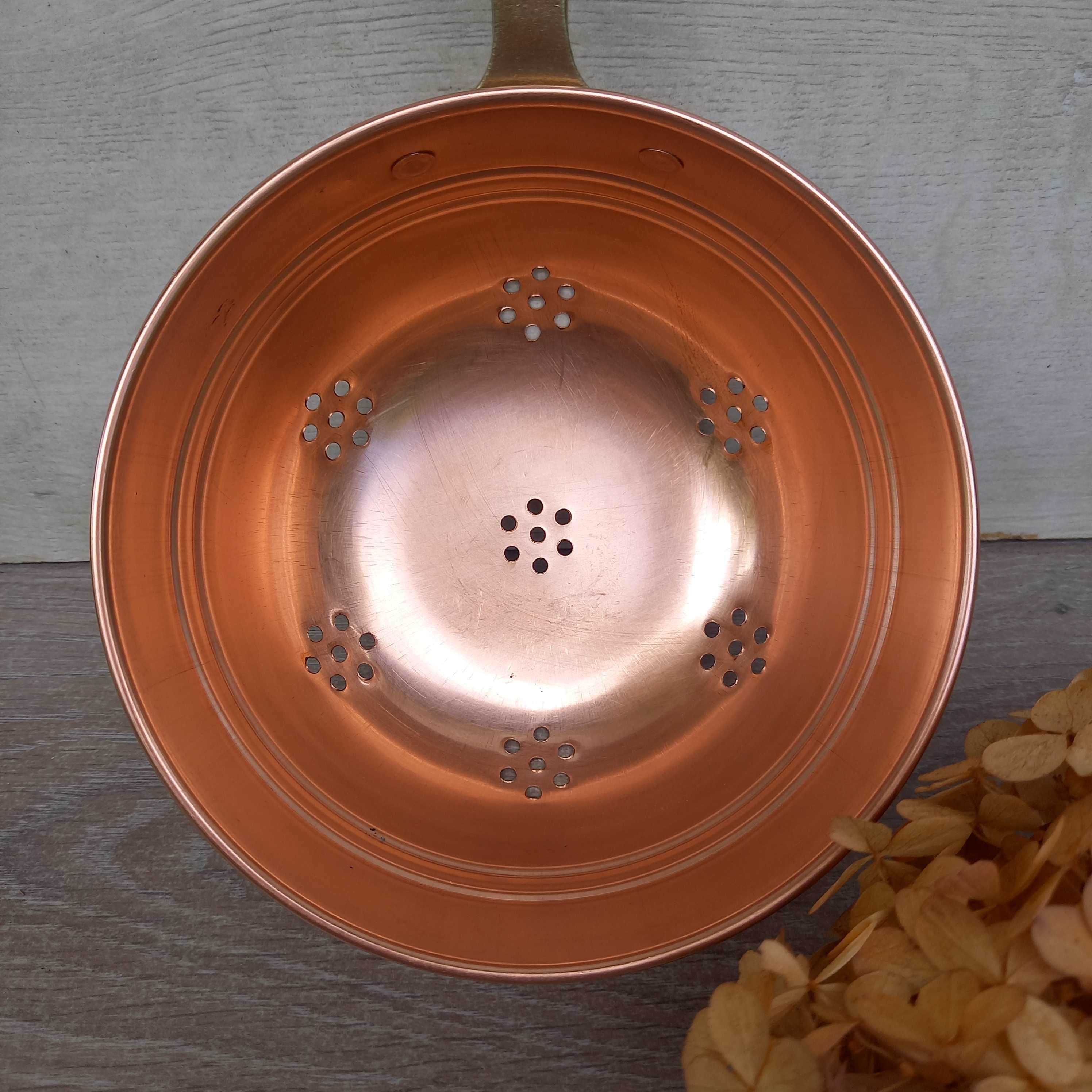 Durszlak miedziane sitko z mosiężną rączką śred. 14 cm