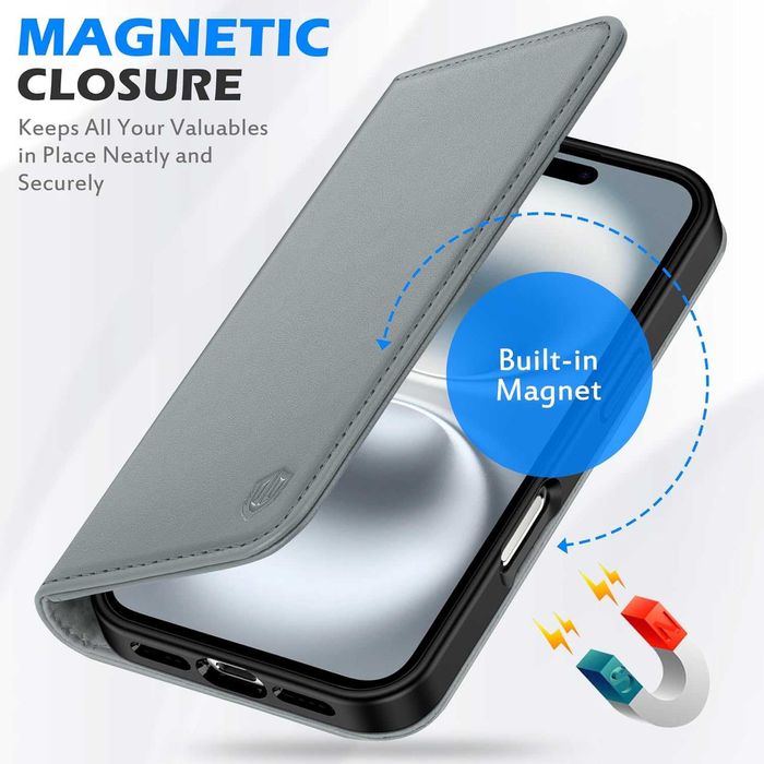 Shieldon naturalne etui skórzane z klapką iPhone 16 portfel RFID szare
