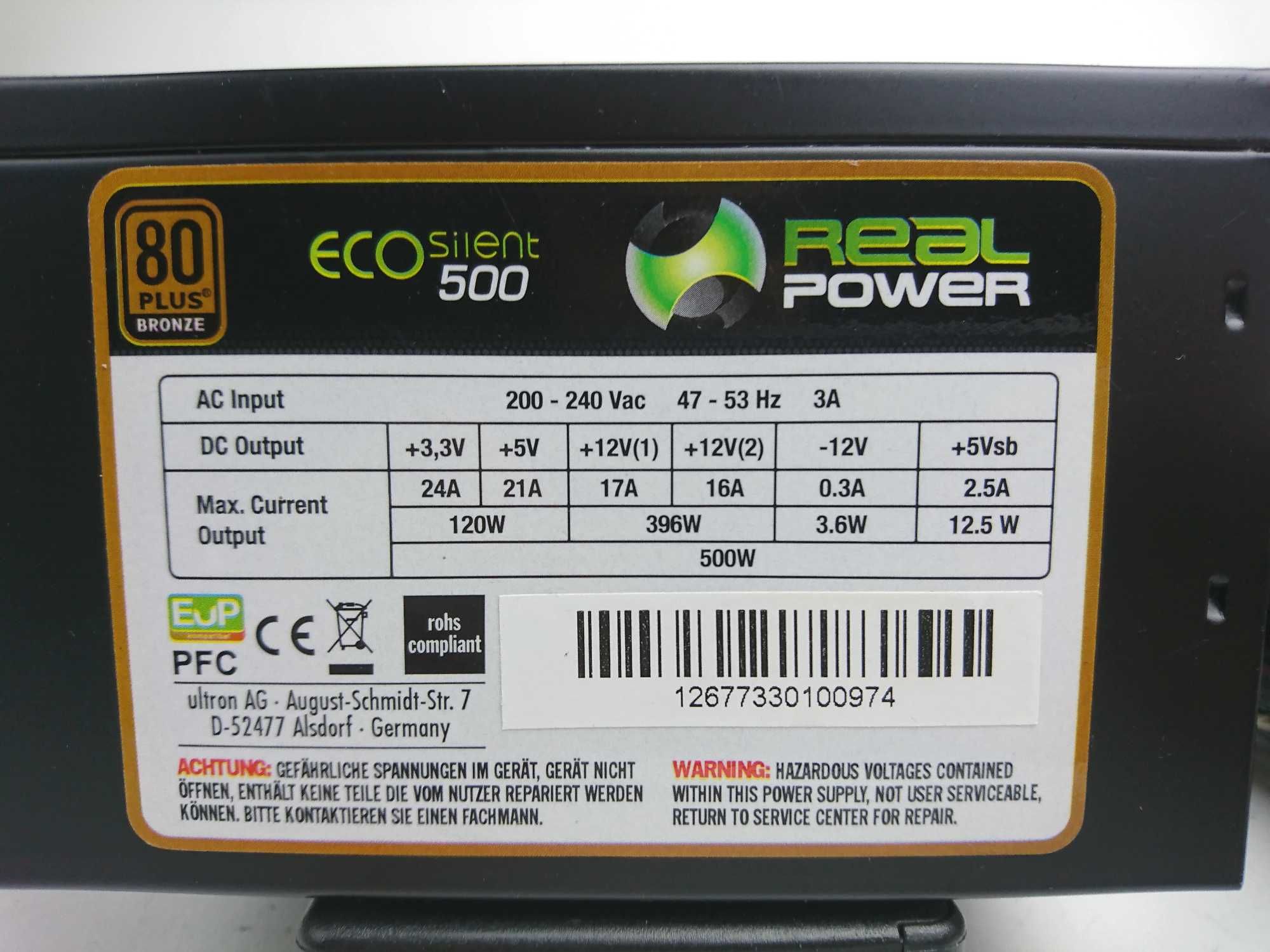БЖ RealPower ECO Silent 500W, PCI-E 6+2pin,A-PFC,80PLUS BRONZE,пломба.