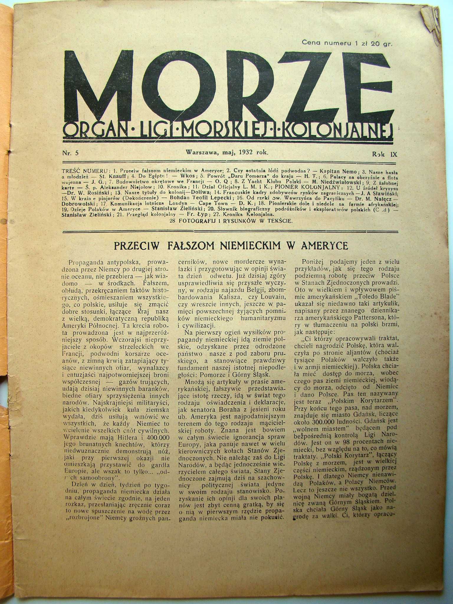 Morze - maj 1932. Nr 5. Rok IX. Organ Ligi Morskiej i Kolonialnej