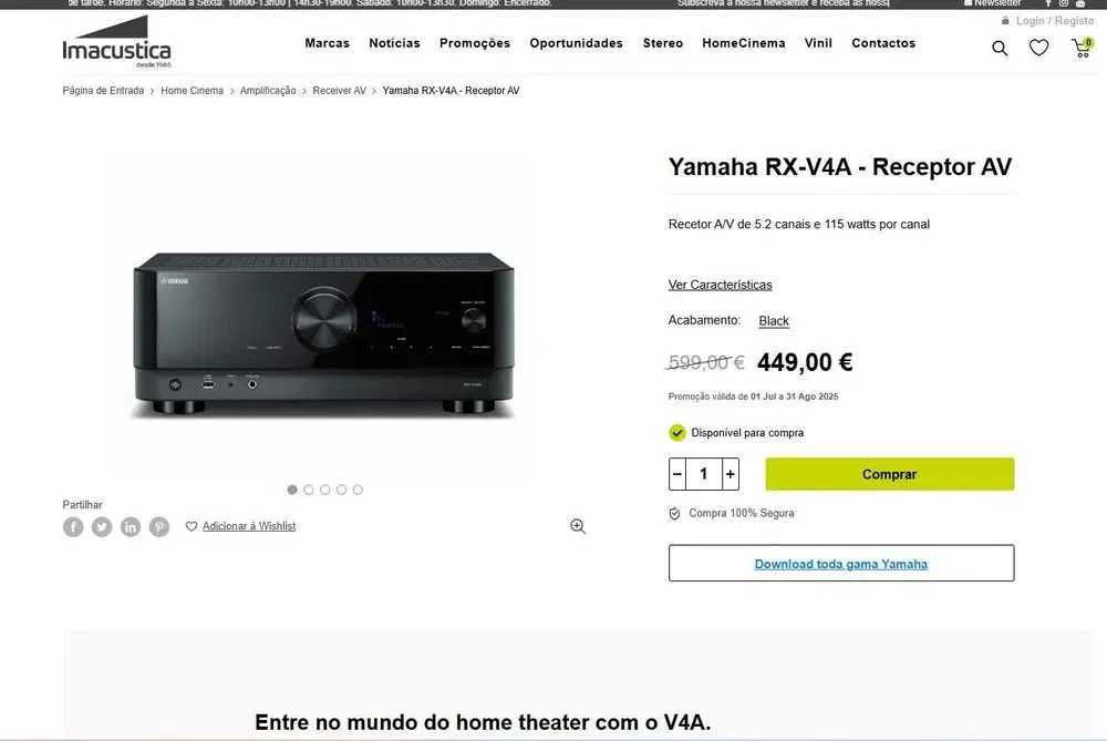 receptot AV Yamaha RX-V4A - amplificador com streamer