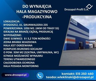 na wynajem hala magazynowo-produkcyjna w Bydgoszczy