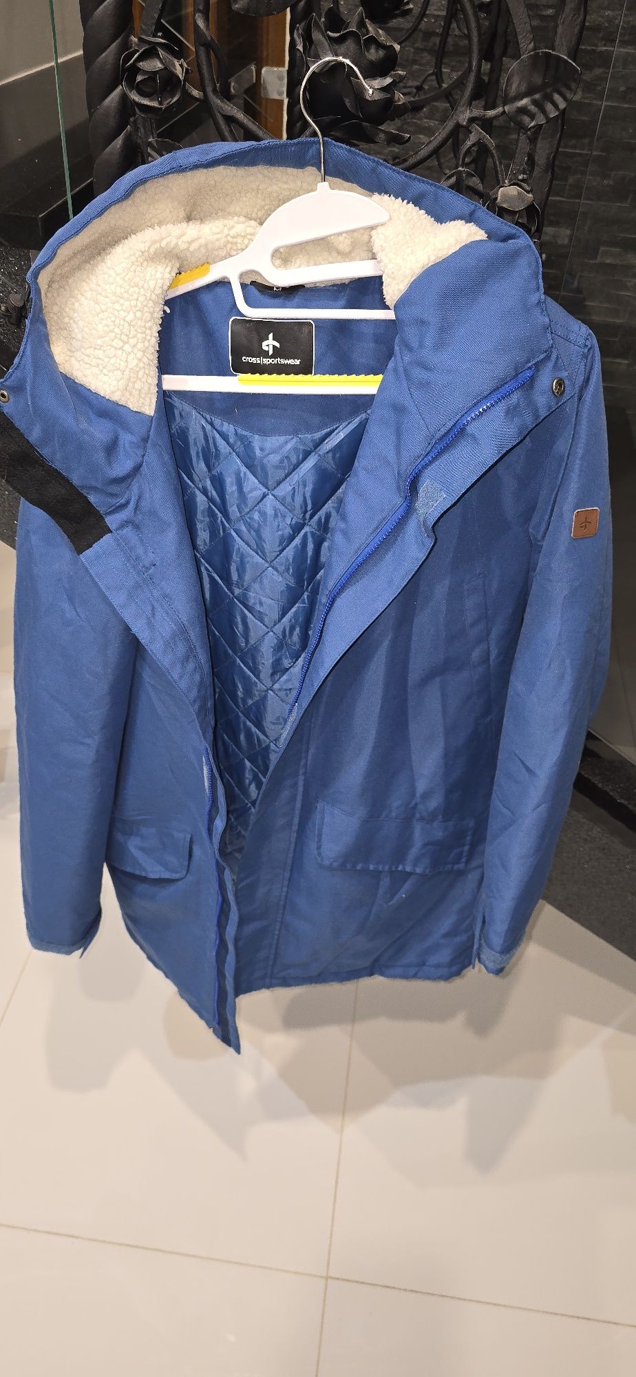 Kurtka parka męska elegancka długa ciepła wygodna niebieska zimowa Cro