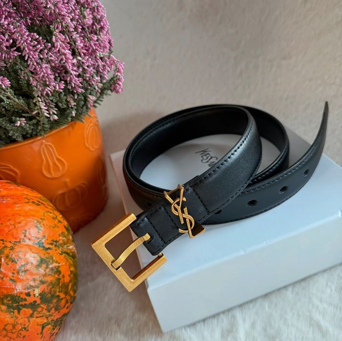 Nowy Skórzany Pasek Damski YSL czarny złoty
