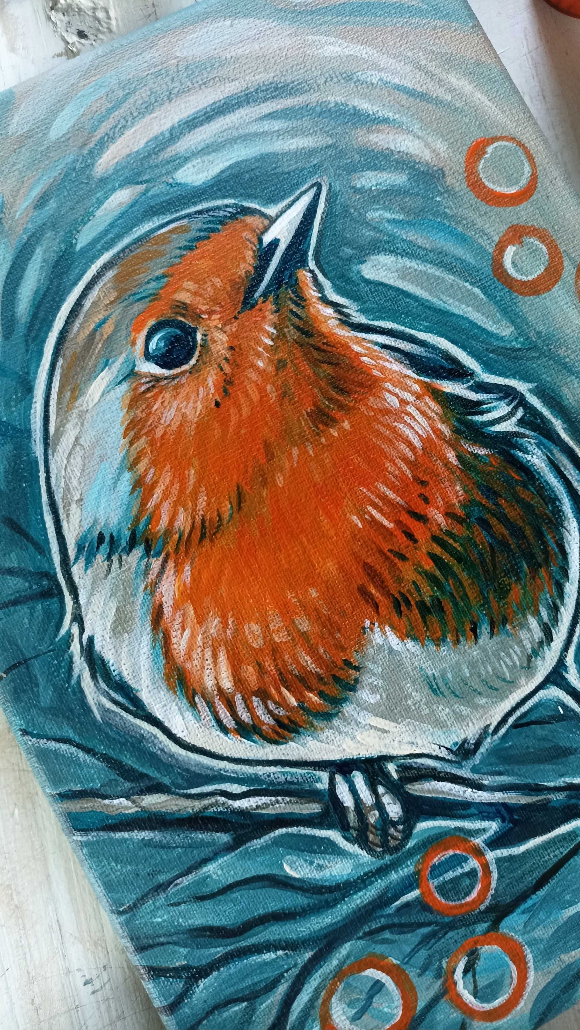 Obraz na płótnie 15x21cm, rudzik, akryl, ręcznie malowany oryginał