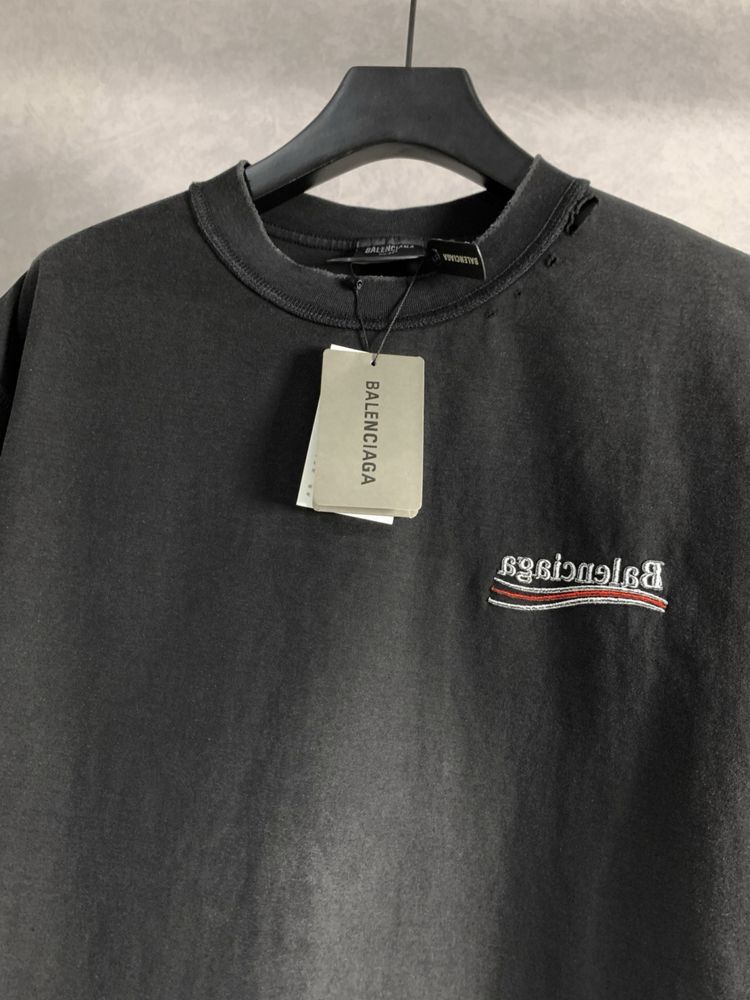 Футболка BALENCIAGA оверсайз унисекс мужская черная серая рваная