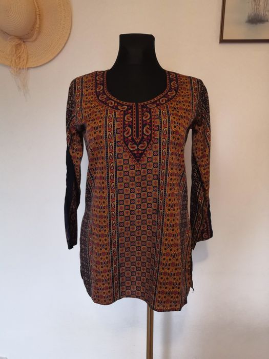 Tunika indyjska bluzka we wzory brązowo granatowa