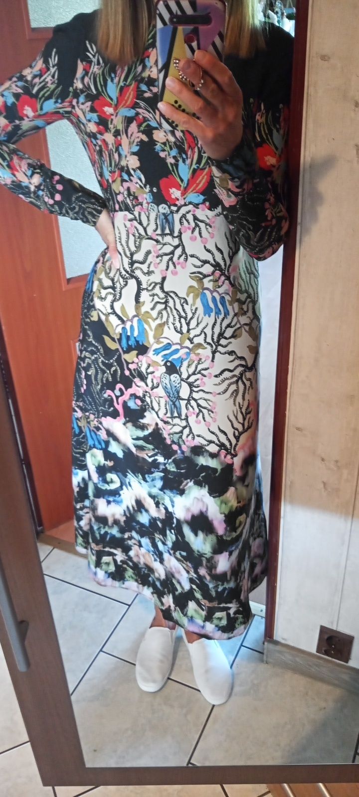 Sukienka MIDI z długim rękawem w kwiaty H&M r.38/M wiskoza