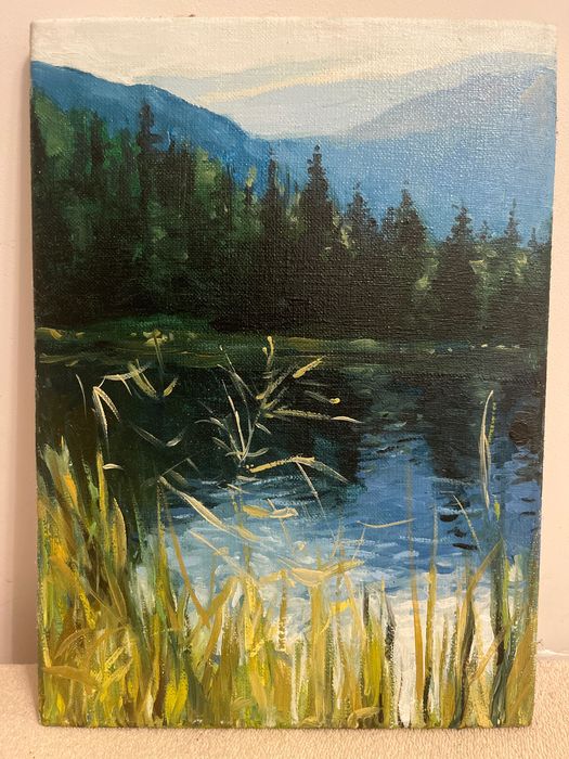 Widok,natura, trawy i woda, odbicie lustrzane, obraz olejny, góry.