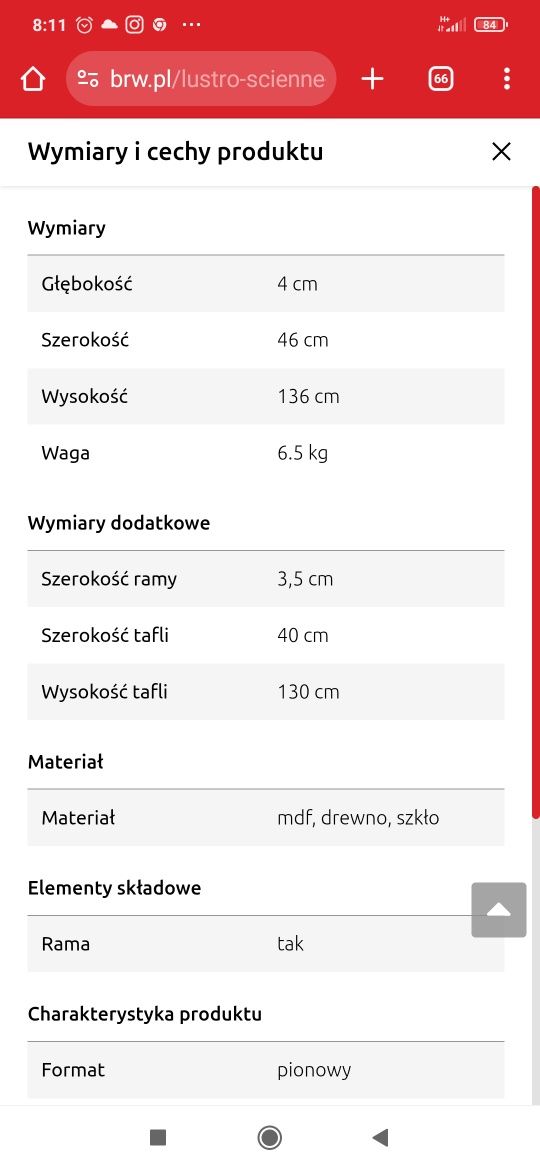 Lustro ścienne 46 x 136 cm