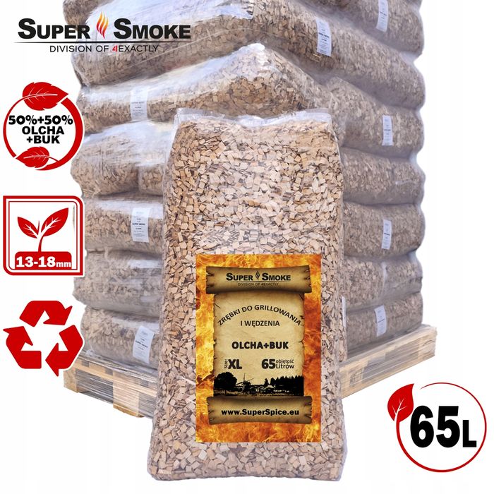 Zrębki Wędzarnicze Super Smoke OLCHA+BUK KL-13 (12-18mm) XL 65 Litrów