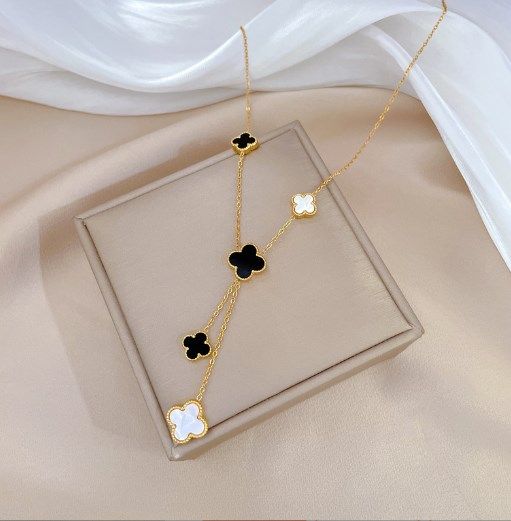 Naszyjnik Damski Podwójny Stal Złoty Czarna I Biała Koniczynka 45Cm