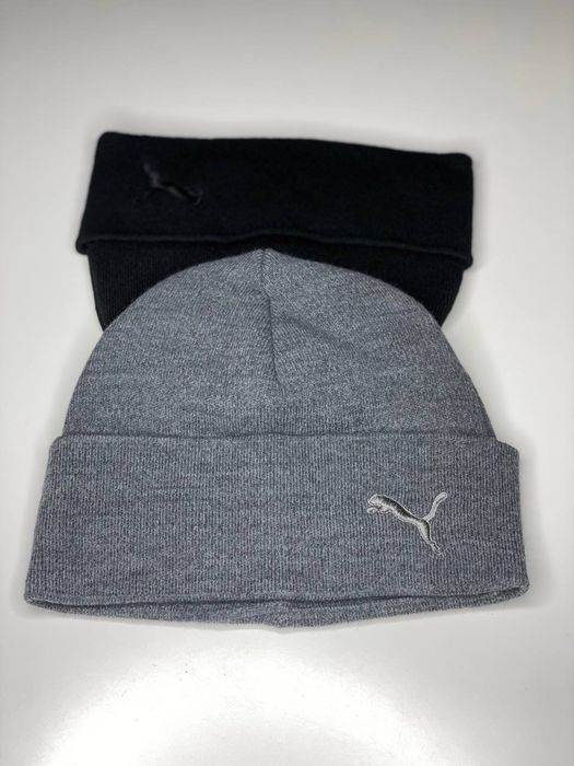 Мужская шапка Puma зимняя с флисом Пума с подворотом Серая/Черная Пума