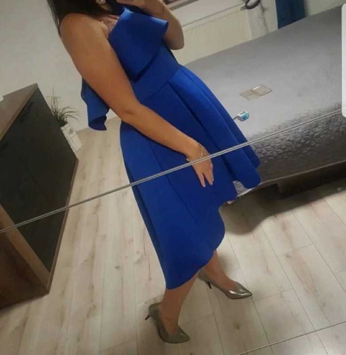 Sukienka Chabrowa/ niebieska/ modrakowa 46 asymetryczna