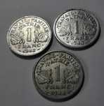 1 franc Vichy French State - 1942, 43 i 44 r. - komplet 3 monet