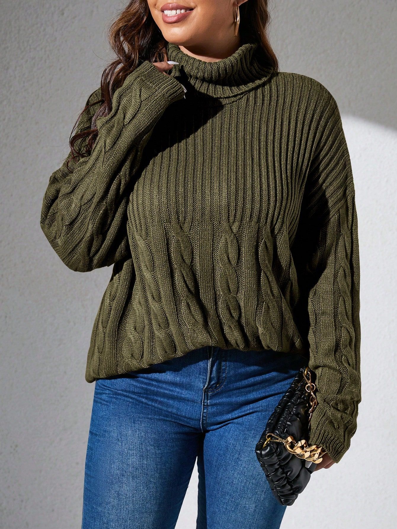 Sweterek Luźny Z Golfem W Warkoczowy Splot Khaki Casual Shein 3Xl 46
