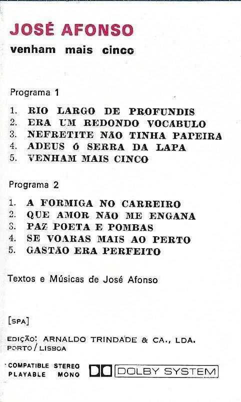 José Afonso	- - - - -		Venham Mais Cinco	- - - - -	K7