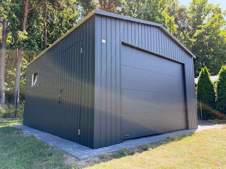 garaż blaszany grafit dwuspadowy 4x5 5x5 6x6 6x5,8 brama segmentowa