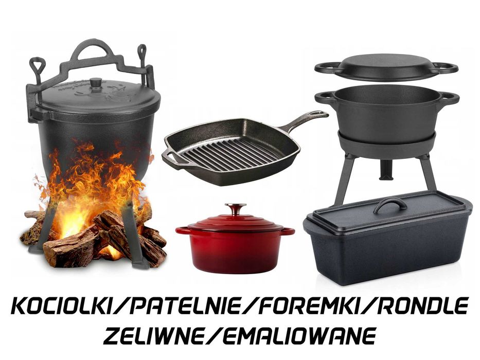 Kociołki, patelnie, rondle, foremki, prasy żeliwne emaliowane ZAB