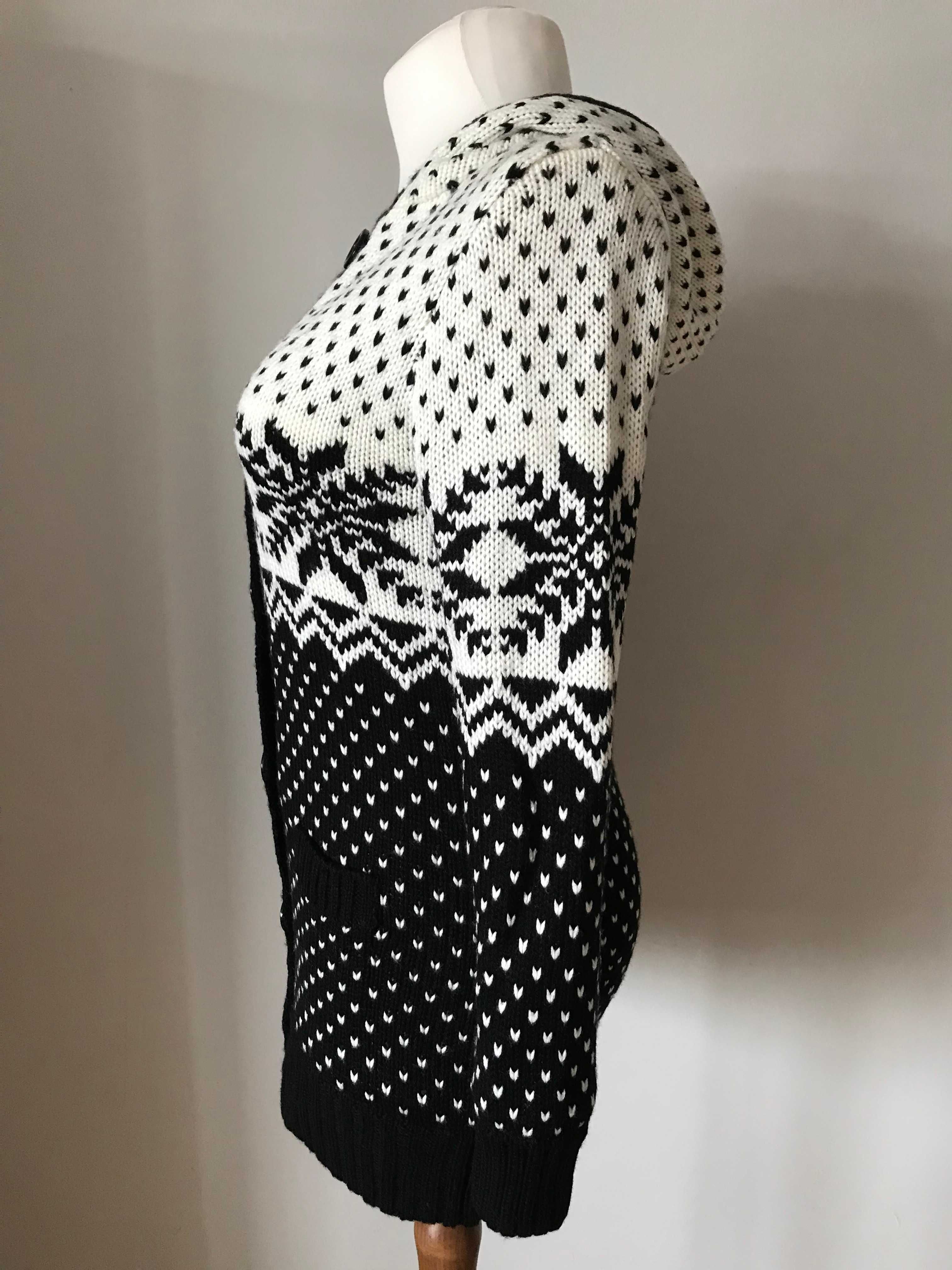 Kardigan czarno biały sweter z kapturem r. 40/42  norweski wzór NOWY