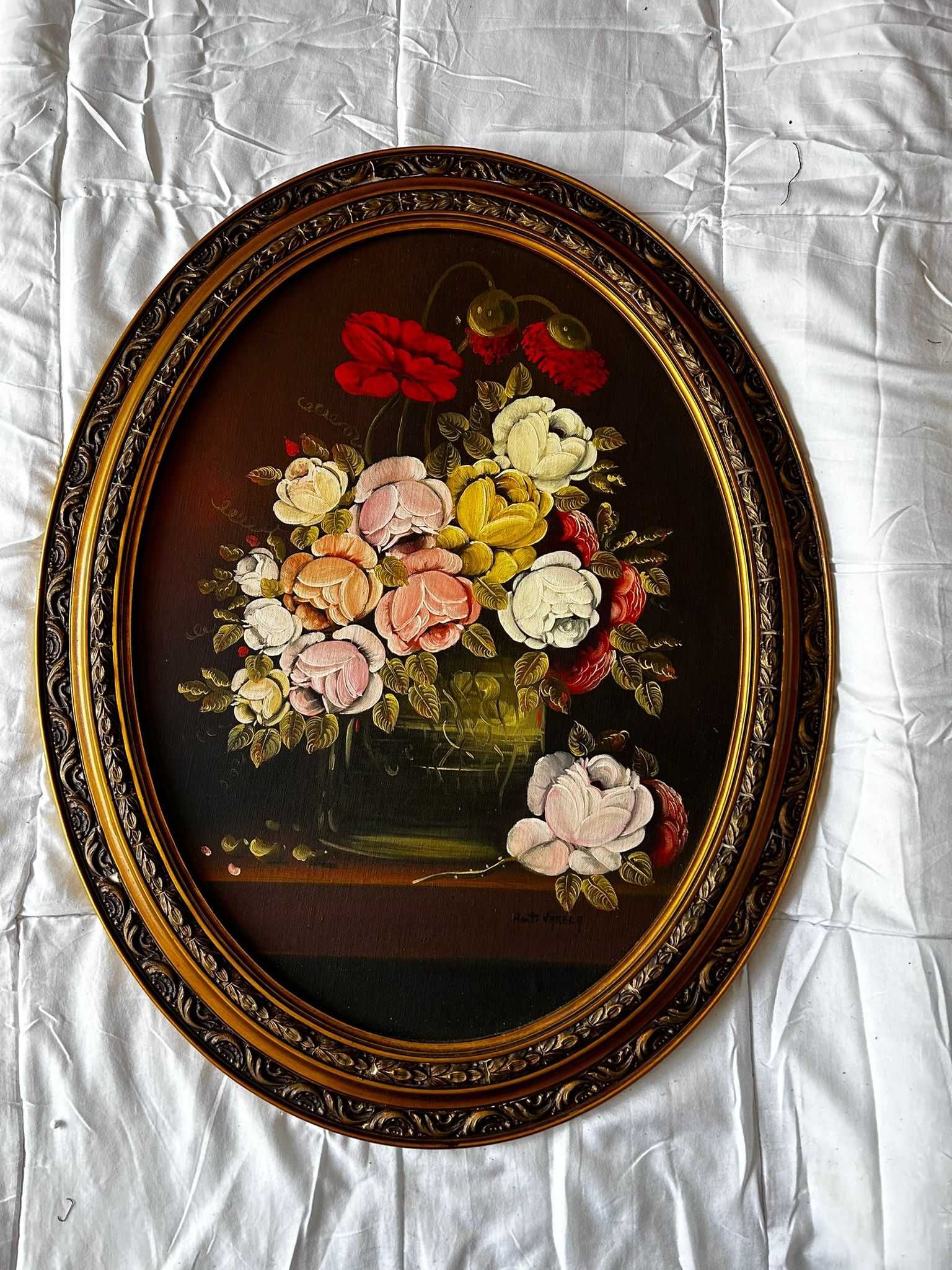 Quadro Oval com Flores Pintado a Óleo