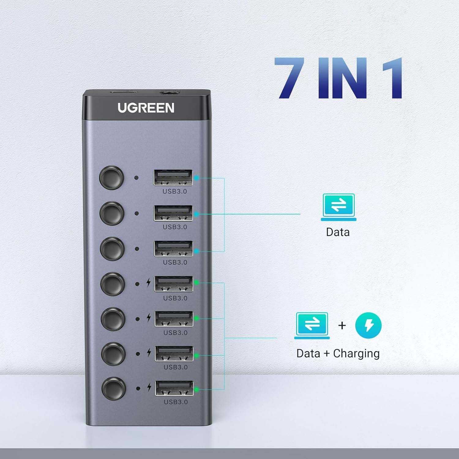 USB-хаб для USB-A USB 3.0 7 портов UGREEN для ноутбука с доп. питанием