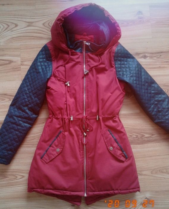 Kurtka zimowa parka XS S bordowa rękawy granat