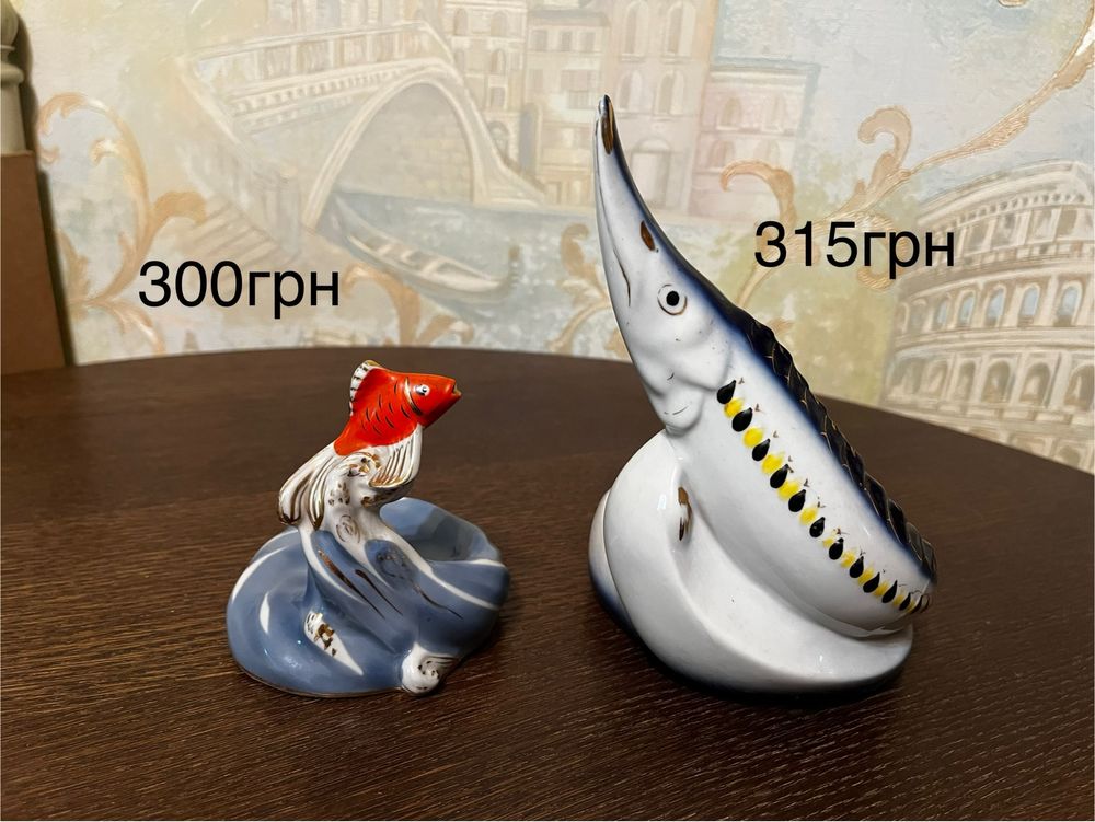 Фарфорові статуетки.Майолика,птахи,рибка,осетр