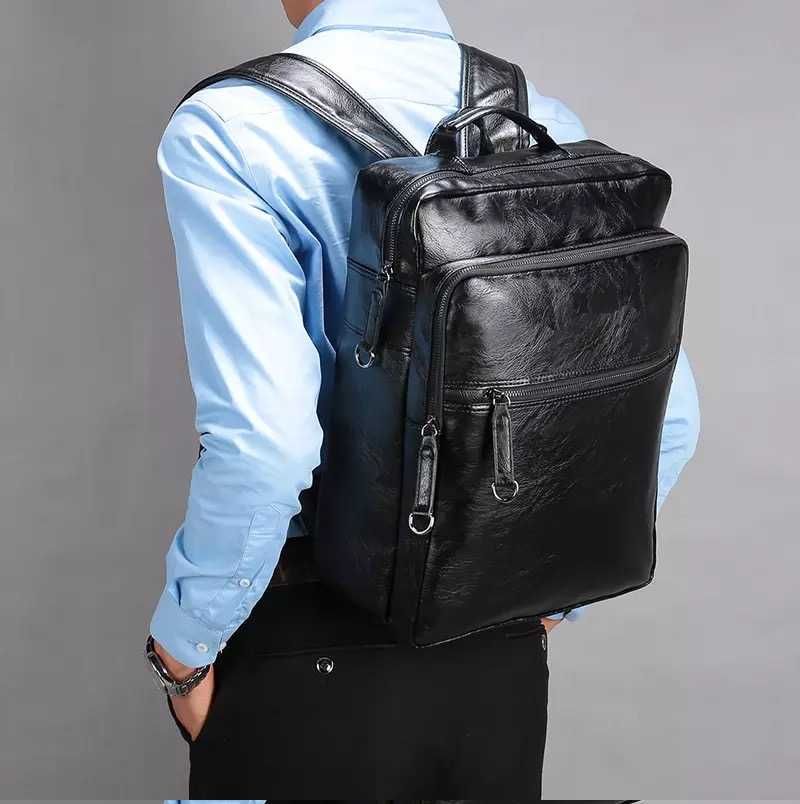 Мужской кожаный черный рюкзак портфель сумка чоловічий ранець 2в1