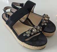 Buty sandały espadryle czarne platformy słomiane zamszowe kryształy