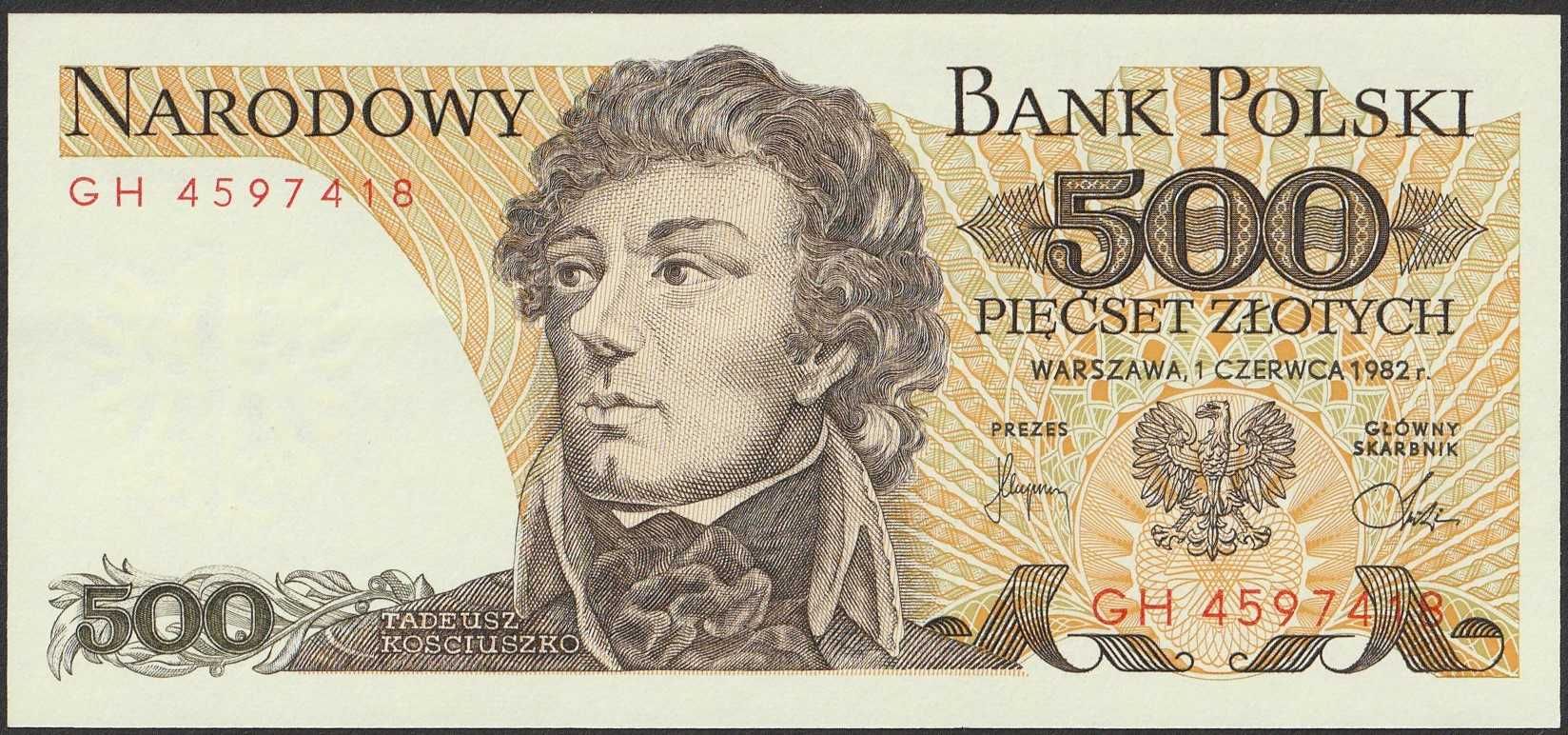 Polska 500 złotych 1982 - Tadeusz Kościuszko - GH - stan bankowy UNC